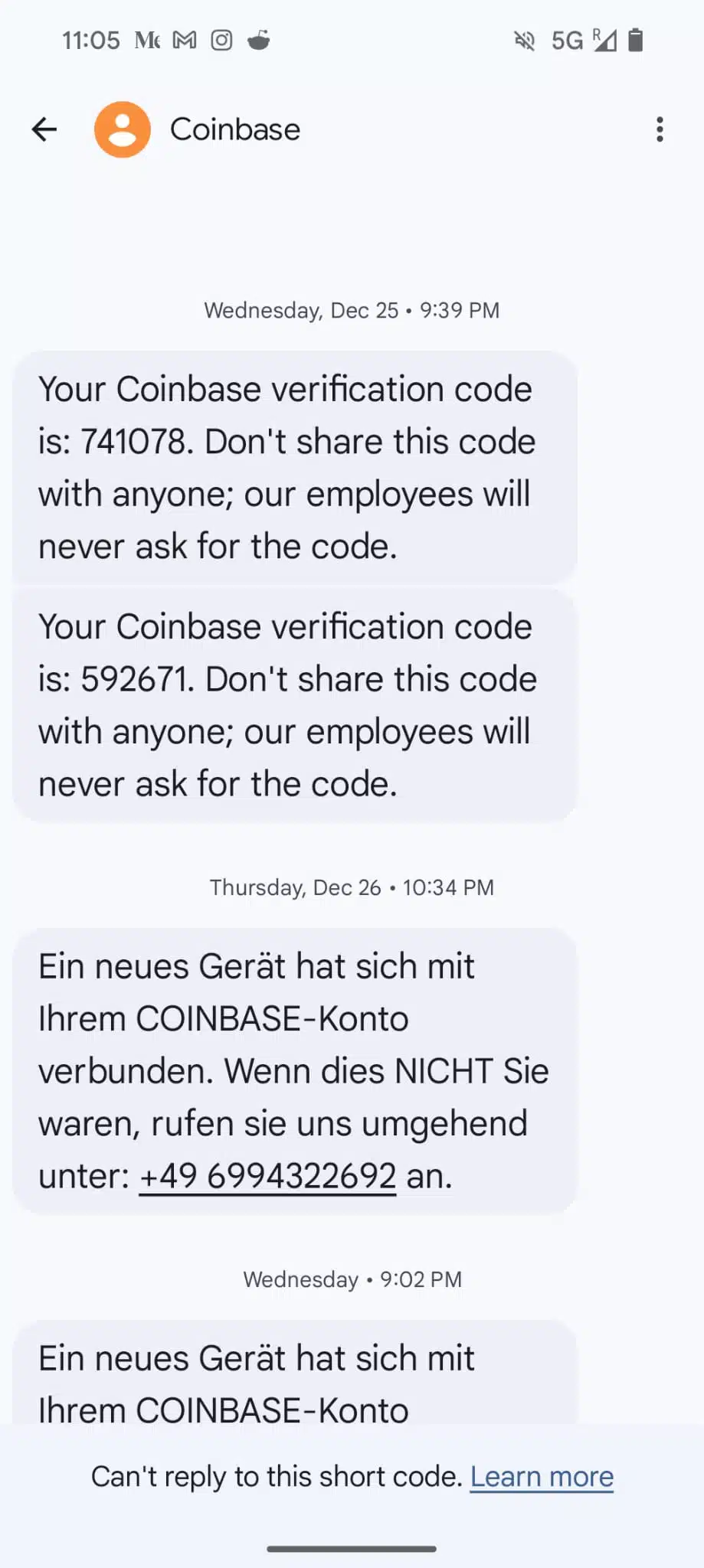 Screenshot eines Coinbase SMS Betrugs